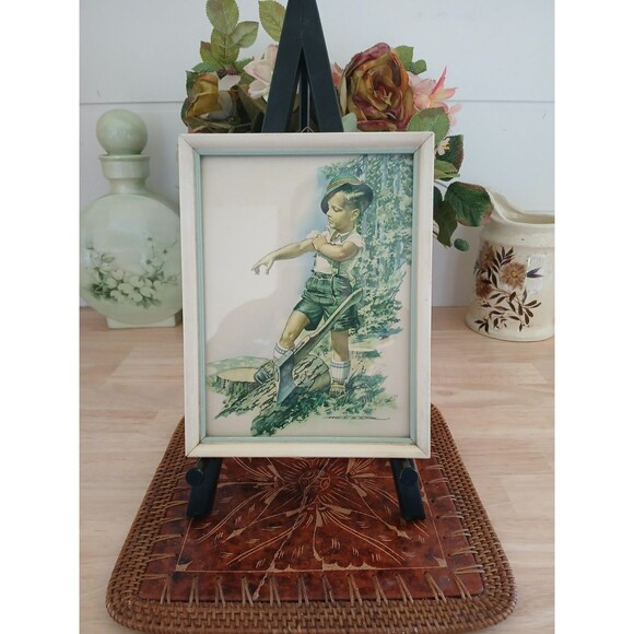 Other - Vintage Art Print Forestry Work Young German Man with Axe In Traditional Dress